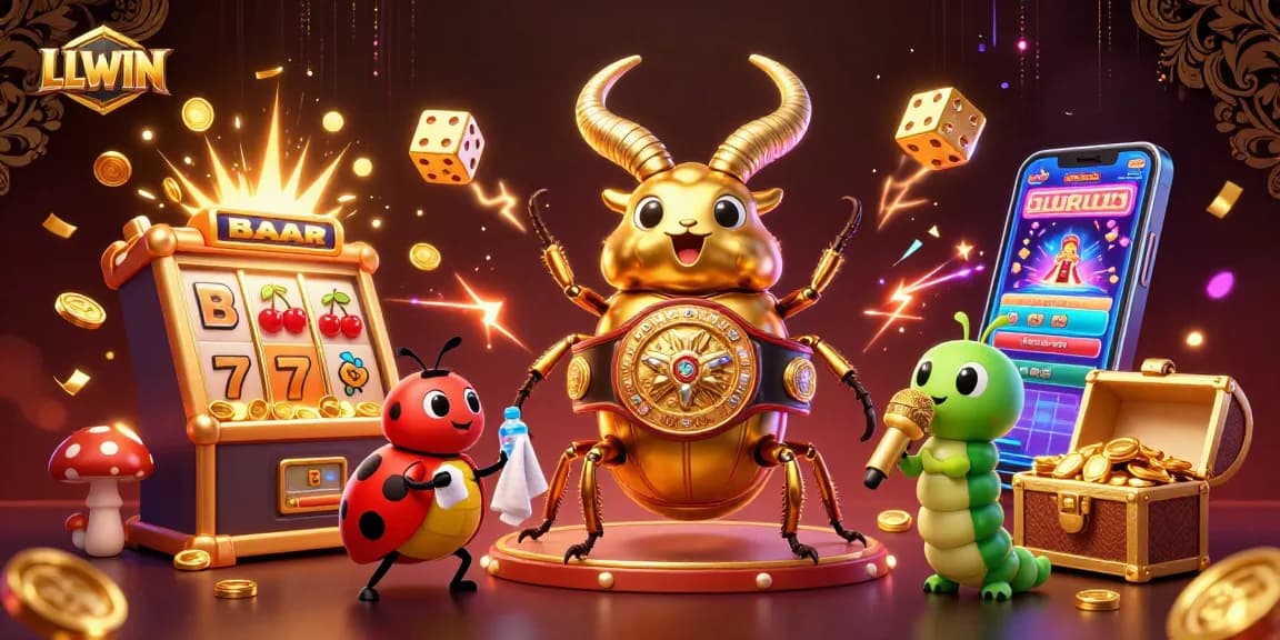 LLWIN's vibrant 3D illustration featuring a golden stag beetle and ladybug in dynamic casino scene.