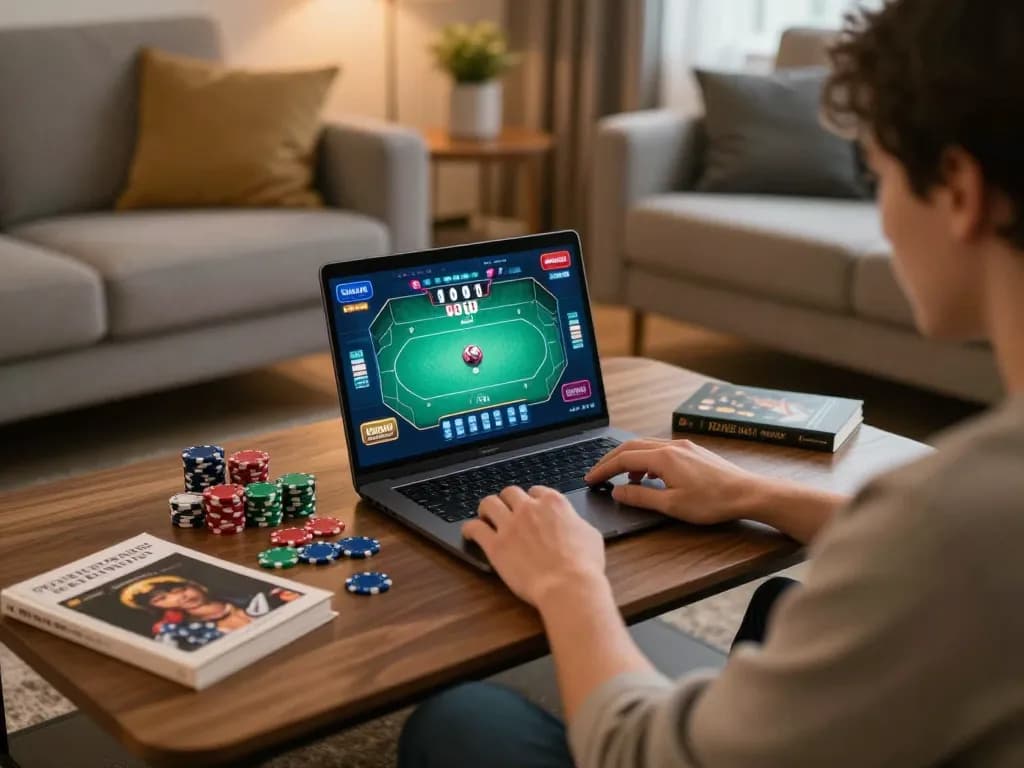 Player using O8 poker app on laptop surrounded by chips in cozy home setting