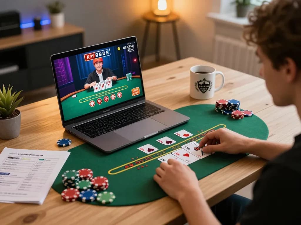 FLY88 player enjoying an intense live blackjack game on a laptop surrounded by gaming essentials.