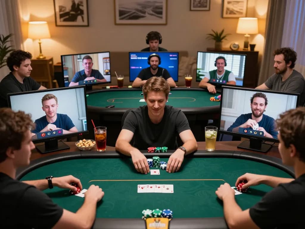 Bermain idn poker online dengan teman-teman selama panggilan video, menunjukkan permainan poker virtual.