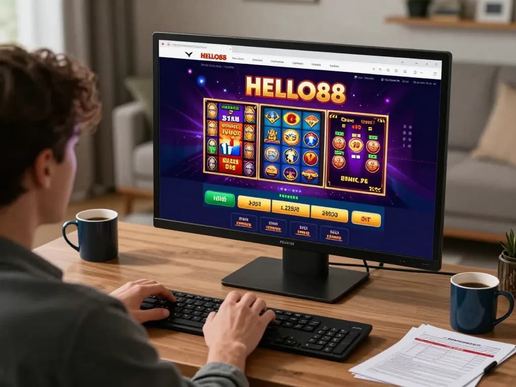 Person engaging with HELLO88 casino interface showcasing diverse gaming options at home