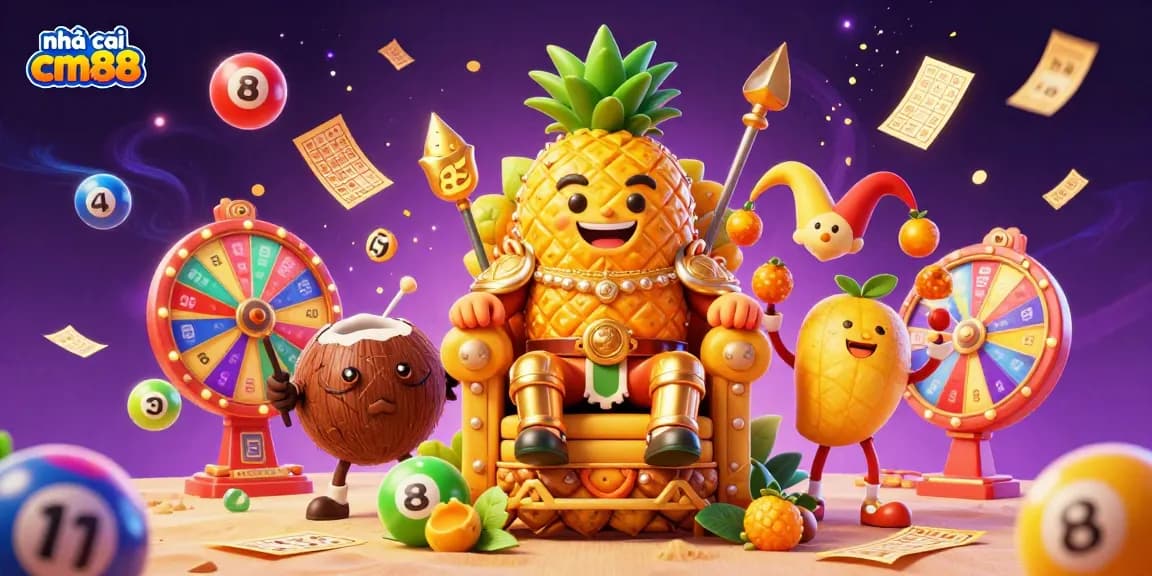 Engage the excitement at nhà cái cm88 with a vibrant casino scene featuring a pineapple king, coconut guards, and dynamic lottery elements.