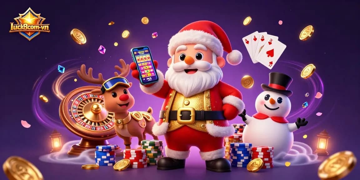 Win big with luck8com-vn at this vibrant casino scene featuring friendly Santa and festive characters.