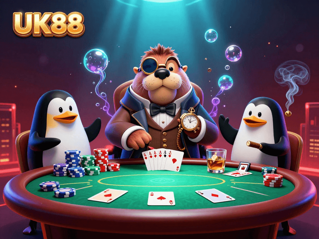 Participate in a lively underwater poker game with UK88 featuring a walrus, penguin dealer, and pufferfish.