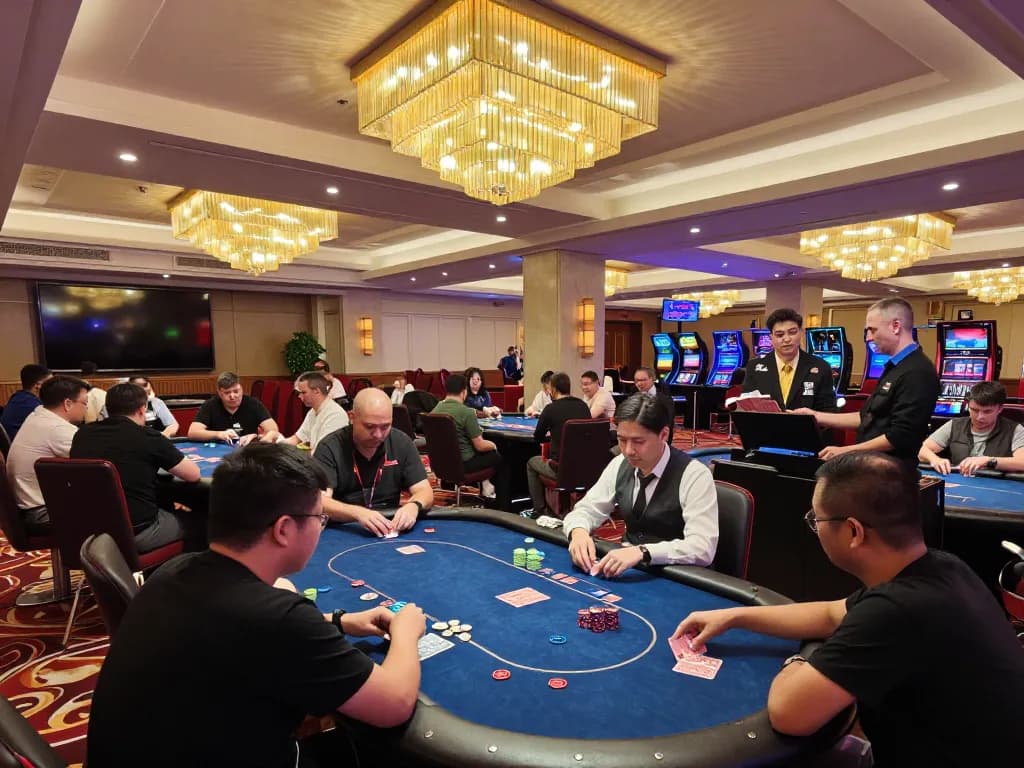 Engaged players at 566 poker table in a vibrant casino atmosphere.