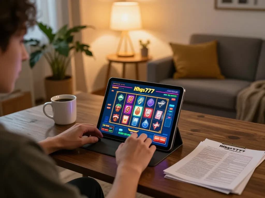 Pemain berinteraksi dengan kasino online Higgs777 di tablet, dikelilingi oleh suasana rumah yang nyaman