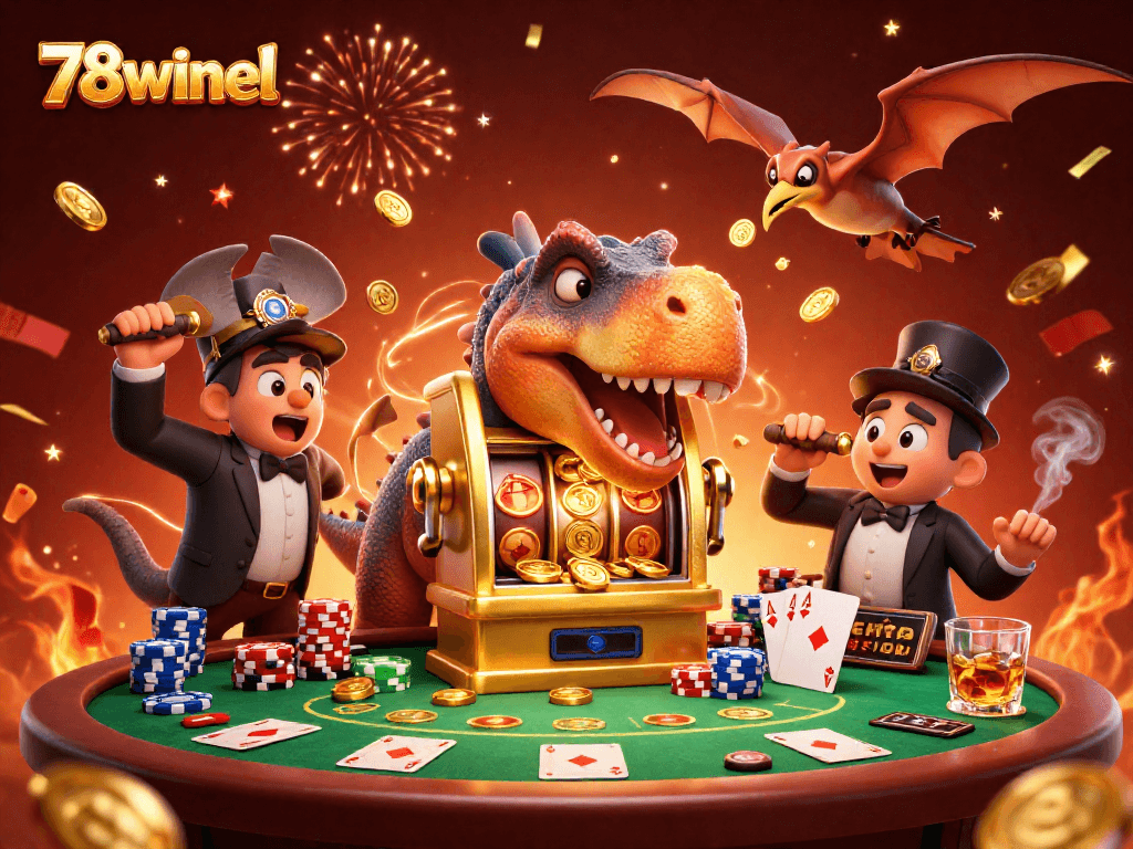 78winel transforms gambling fun as characters celebrate jackpot wins with coins in a vibrant casino scene.