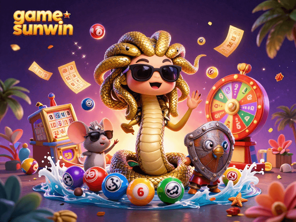 Experience excitement with game sunwin, featuring a lively scene of lottery elements and Greek mythology characters.