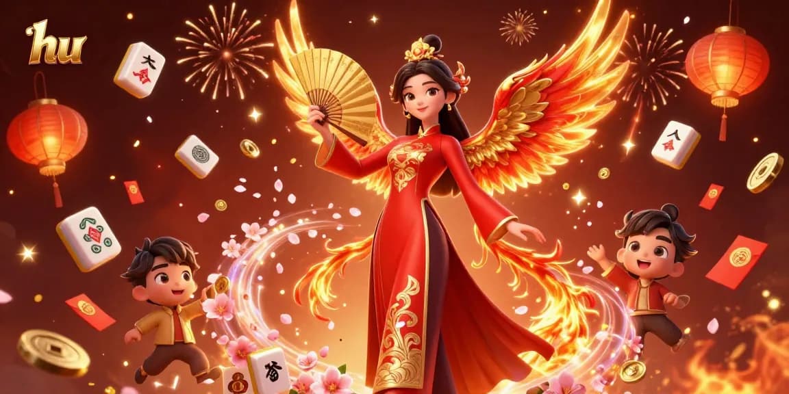 Experience the excitement of hu gaming with a vibrant illustration of a Vietnamese woman and phoenix in casino-themed art.