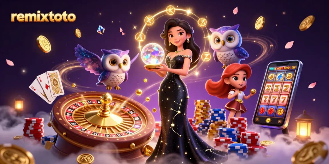 Play exciting games at remixtoto with a vibrant illustration of casino elements and a mystical setting.