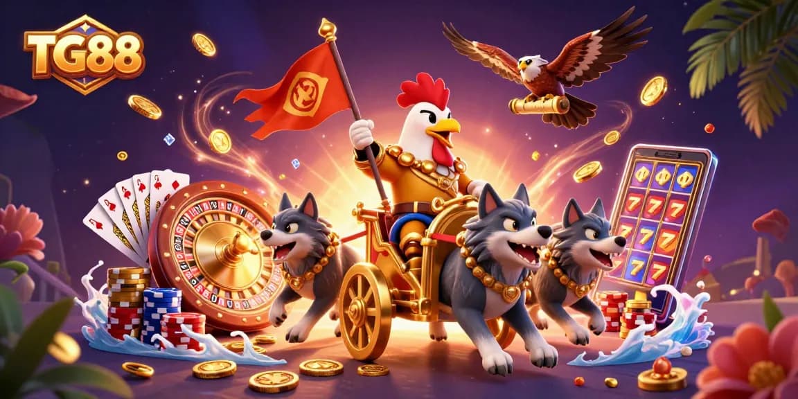 Experience thrilling wins with TG88 featuring a rooster warlord, golden coins, and casino games elements.