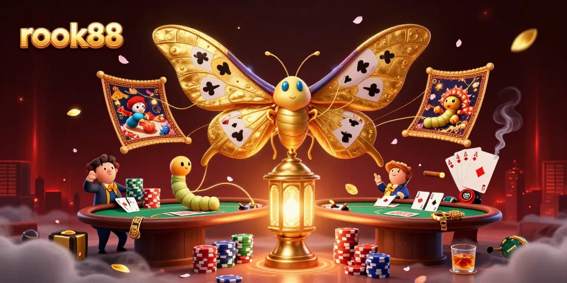 Engage with rokok88's vibrant casino world, featuring an artistic moth amidst poker scenes.