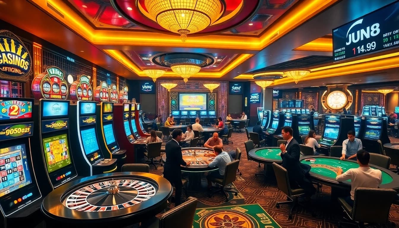 Engaged players enjoying games at Jun88's vibrant casino tables with slots and roulette.
