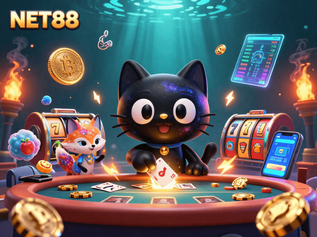 Join the excitement at NET88 with a vibrant cosmic casino scene featuring colorful gaming elements.