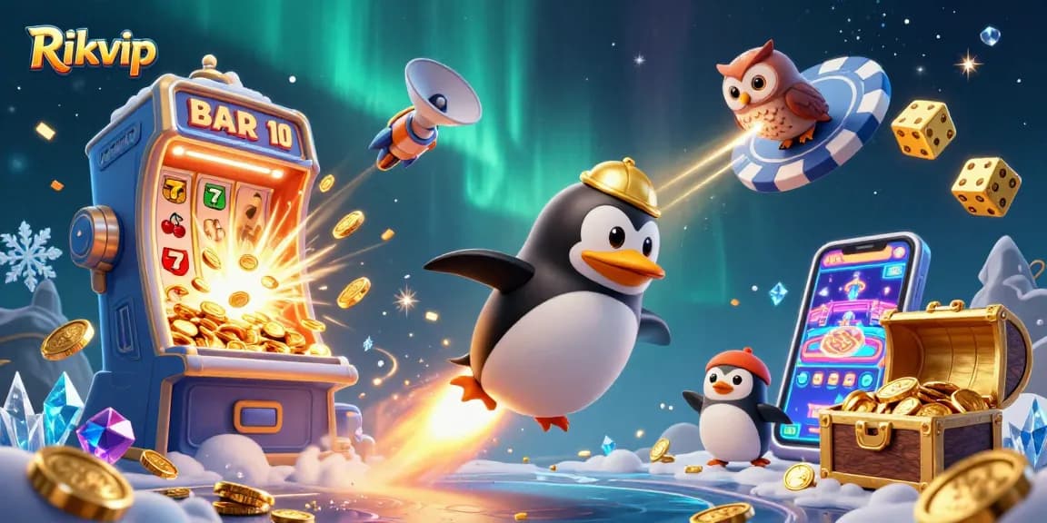 Experience thrilling Rikvip gameplay with a golden penguin and space-themed casino elements.