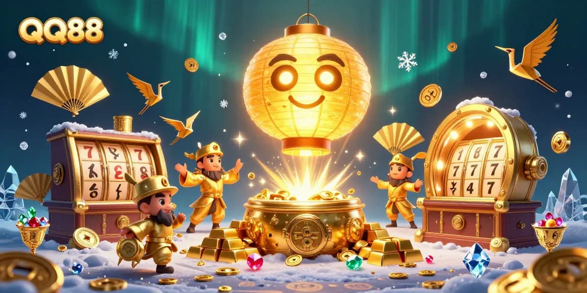 Experience the excitement of QQ88 with a vibrant 3D digital casino illustration of golden lanterns and treasures.