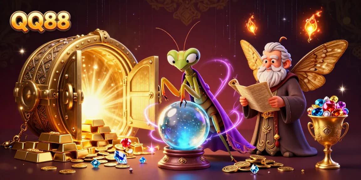 Experience the magic of QQ88 with fortune tellers and treasures in a vibrant casino scene.