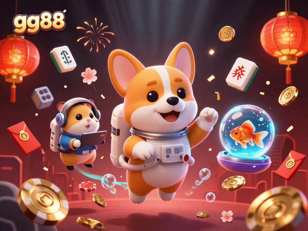 Engage with gg88's dynamic gaming world featuring charming characters in a floating casino scene.