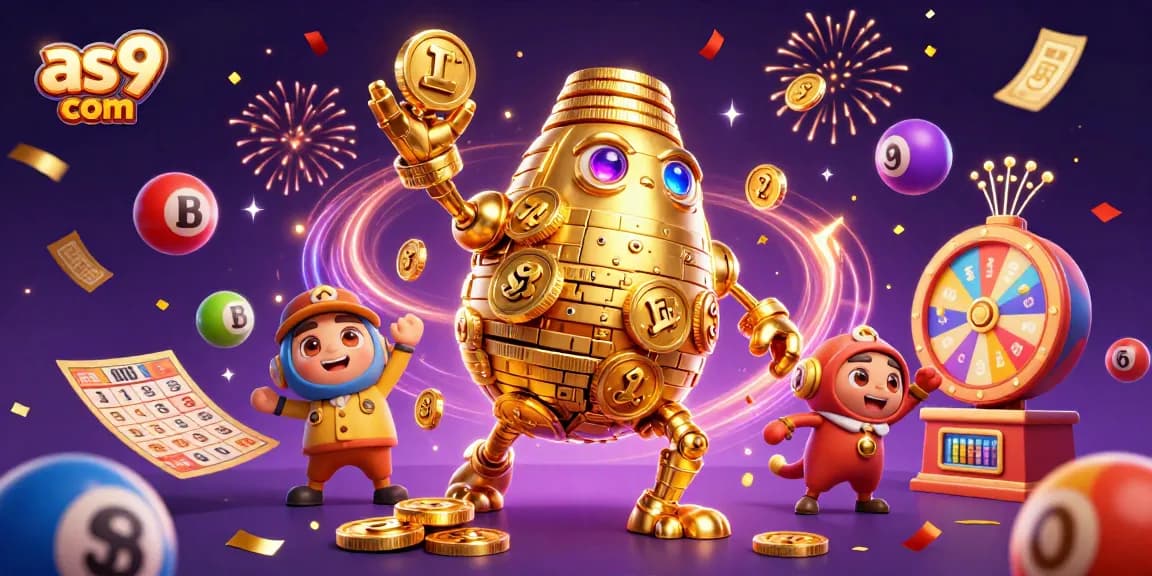 Engage with as9 com's exciting casino world featuring a golden golem, lottery balls, and prize machines.