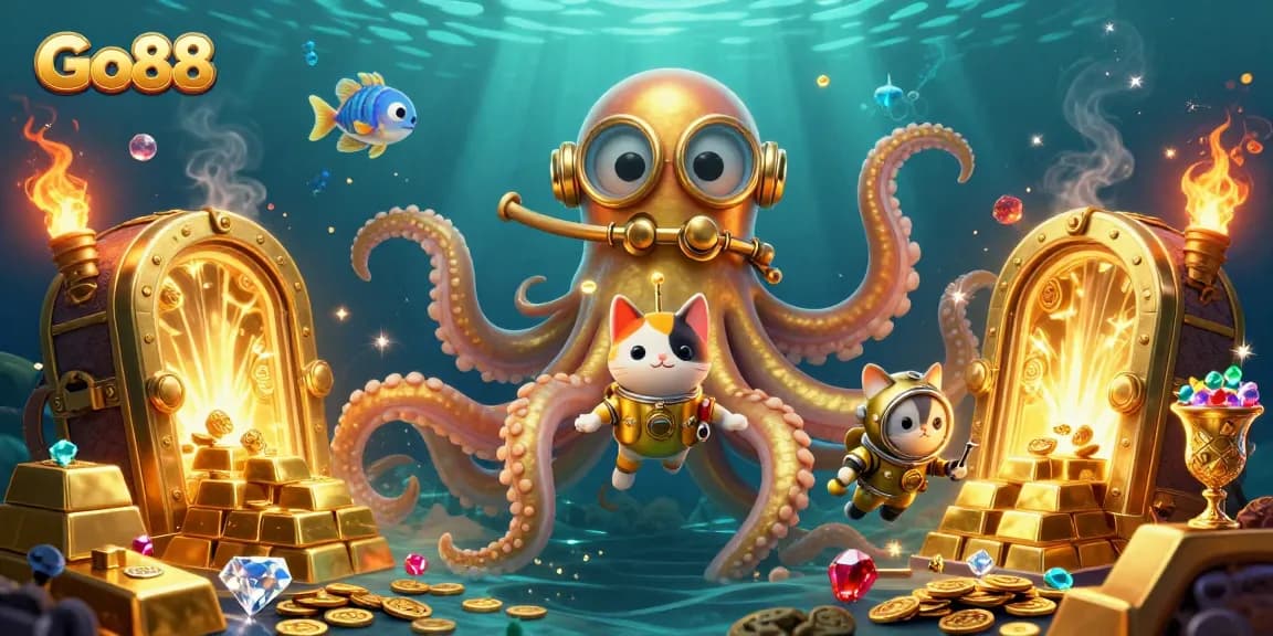 Go88 kraken and diving cat celebrate big wins with treasures in a vibrant casino-themed illustration.