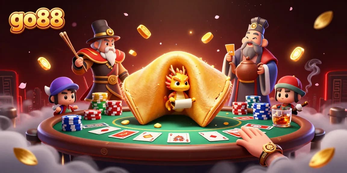 Engage in thrilling go88 poker games with dynamic dragon guardians and golden fortune cookie in a vibrant casino scene.