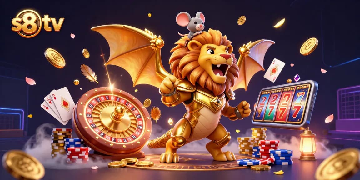 Experience excitement with s8 tv's vibrant casino scene featuring golden coins, roulette, and poker elements.