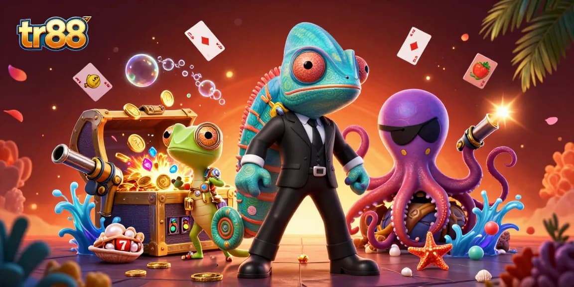 tr88 characters spin vibrant slot reels and collect golden gems in this dynamic casino scene.