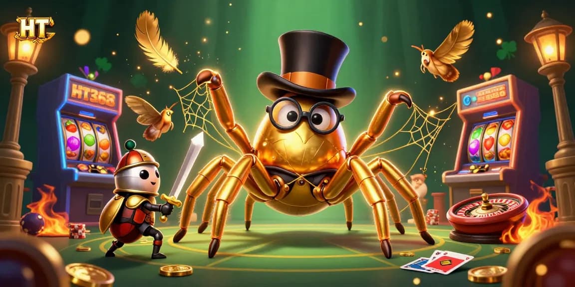 HT368 players encounter a giant golden tarantula in a glorious casino scene filled with jackpots and excitement.