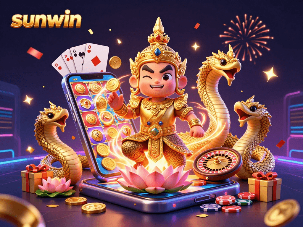 Experience sunwin's vibrant slot game world with a cartoon guardian and golden serpents!