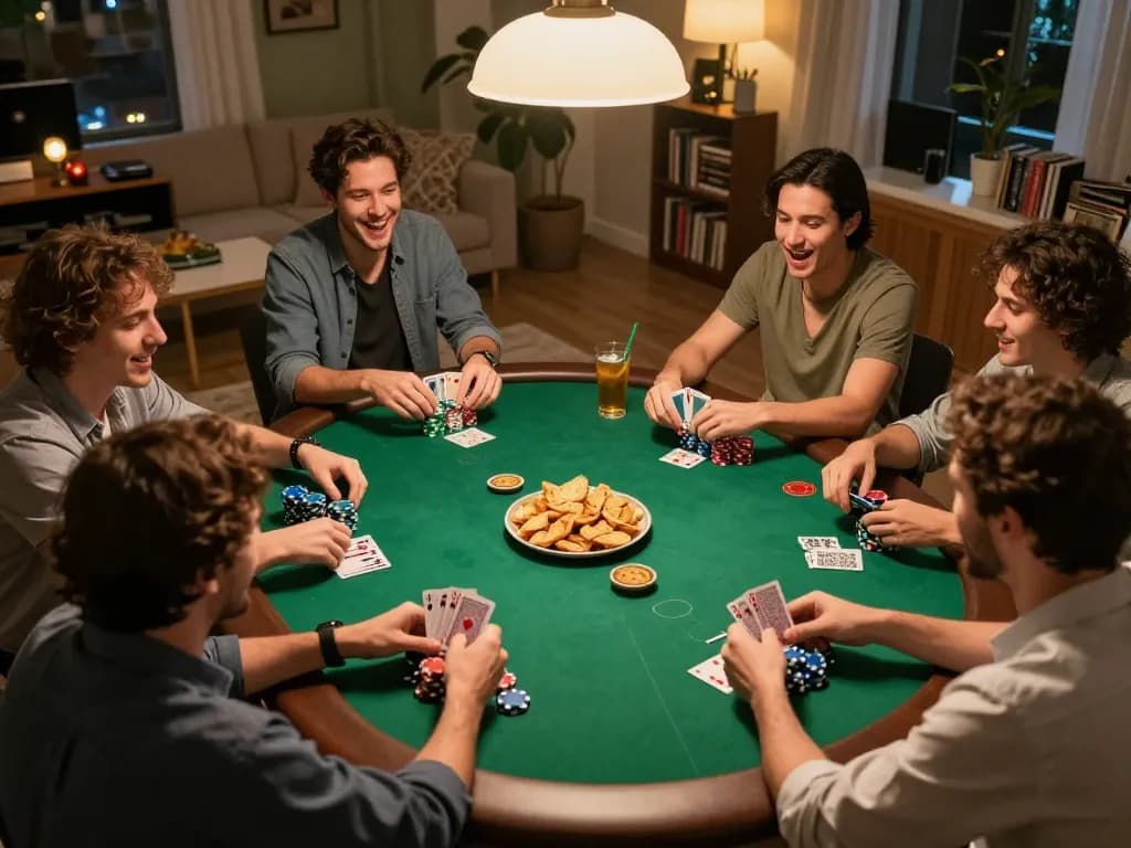 This image showcases a lively home poker night where friends engage in strategies at a round table, highlighting camaraderie around trang cá cược bóng đá.