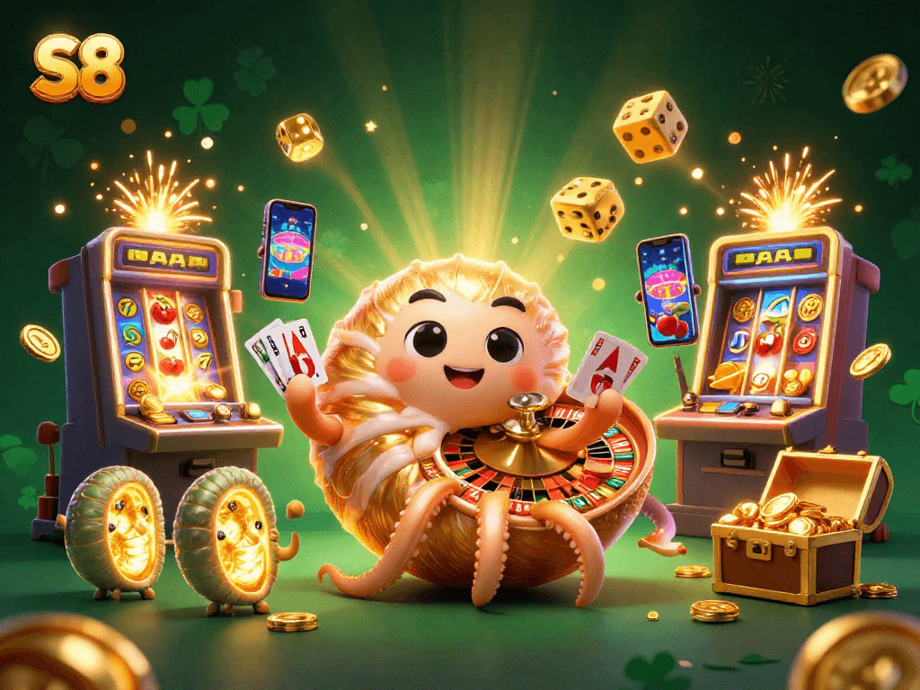 S8 provides an energetic online casino experience with a dynamic 3D scene featuring a glowing nautilus and jackpot elements.