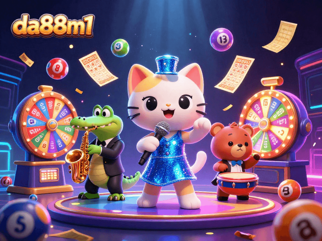 Join the excitement at da88m1 with colorful lottery balls bouncing and vibrant casino characters alive on stage.