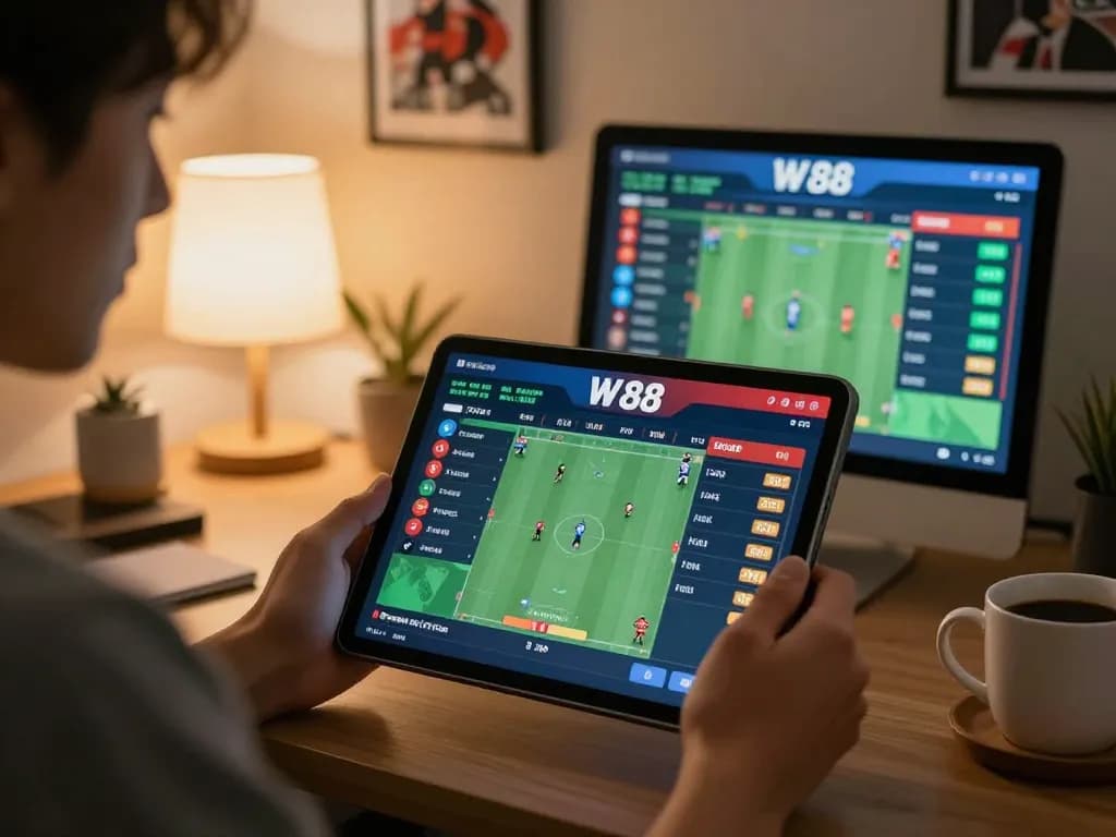 Engaging in live sports betting on W 88 tablet, showcasing strategic odds management in modern home office.