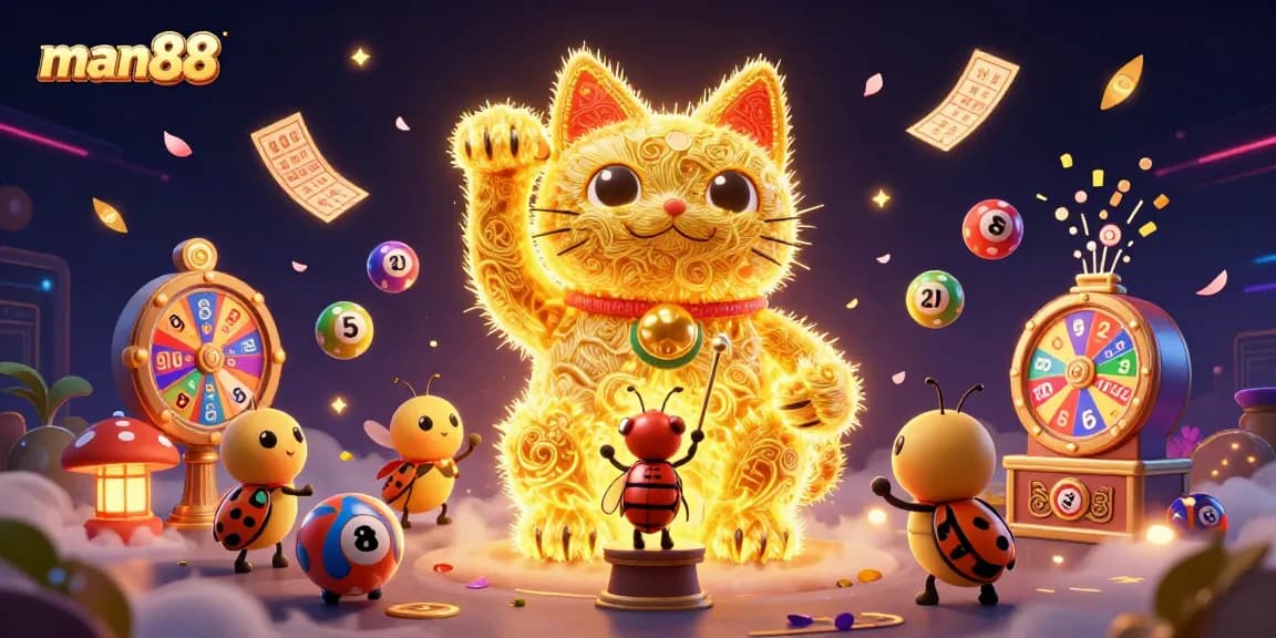 man88 showcases a dynamic lucky cat animation with vibrant casino symbols, enticing players with lively gambling activity.