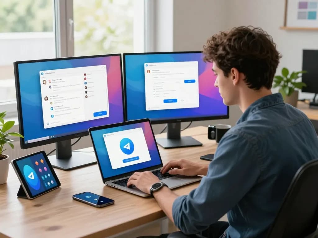 Downloading telegram 下载 on a MacBook in a modern workspace with vibrant visuals of the app interface.