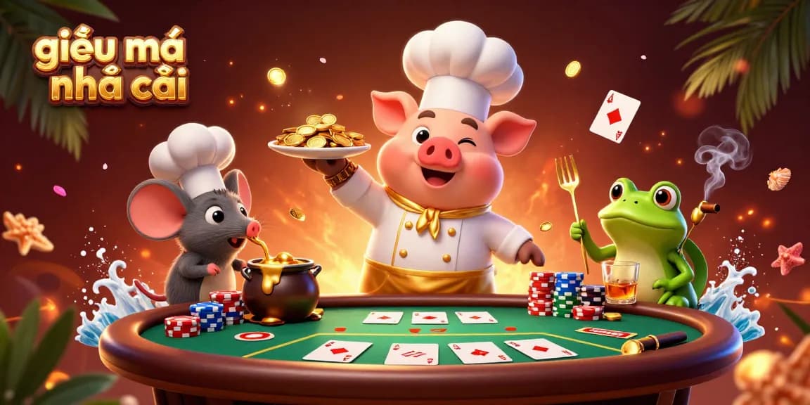 Engaging scene illustrating giải mã nhà cái with a chef pig, sous-chef mouse, and critic frog around poker elements.