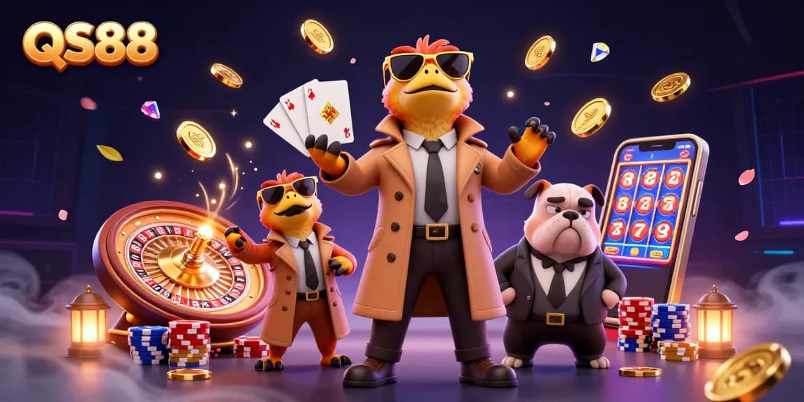 Experience the thrill at QS88 with a playful scene of raptors in a trench coat entering a casino lounge.