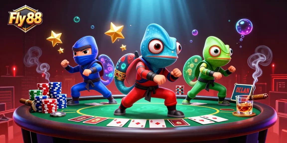 Engage with Fly 88's dynamic 3D illustration of chameleon ninjas excelling in casino action.