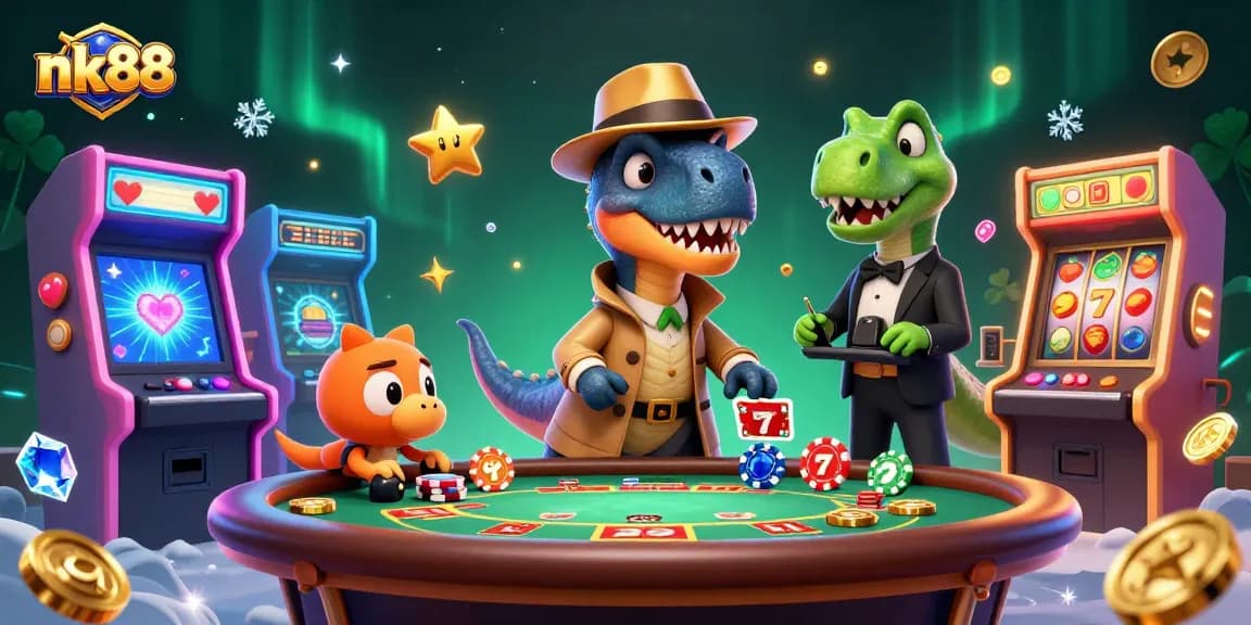 Engage in nk88 casino excitement with a velociraptor card counter and vibrant slot games.