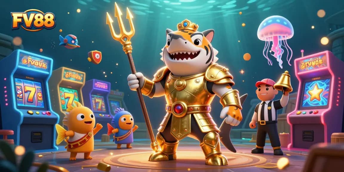 Play immersive slot games with FV88's vibrant 3D casino scene featuring a golden shark and arcade elements.