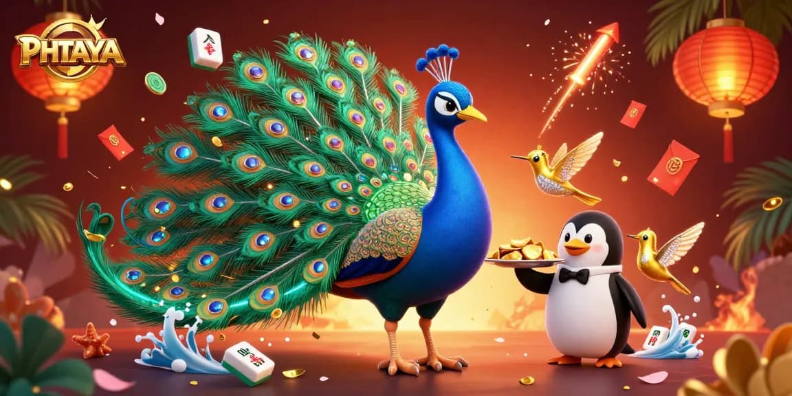 PHTAYA brings thrill and excitement with a vibrant casino illustration featuring a peacock, butler, and hummingbird.