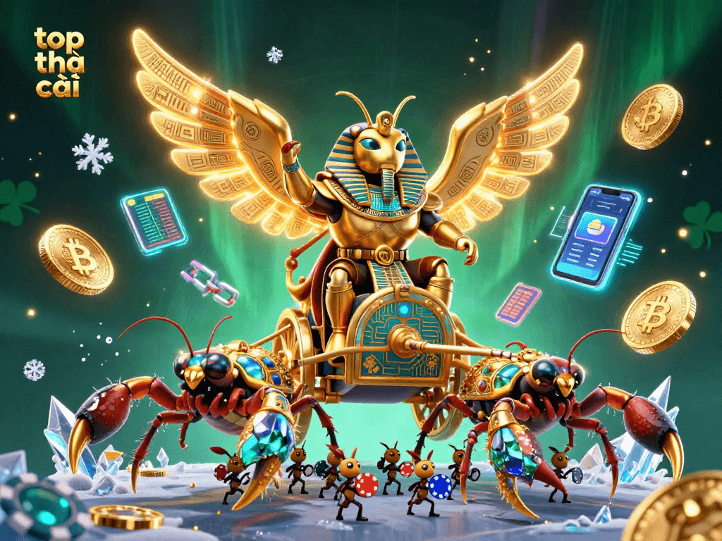 Engage with top nhà cái in a vibrant 3D illustration of a golden scarab beetle and scorpions amidst crypto gaming elements.