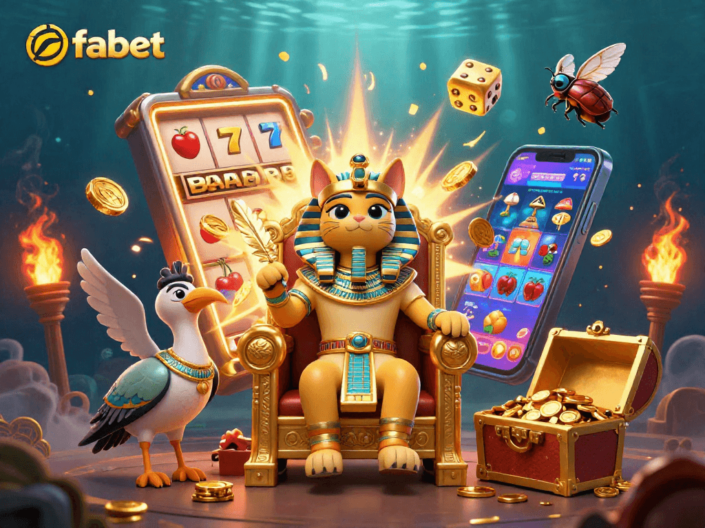 Experience fabet's vibrant casino scene with a pharaoh cat and dynamic jackpot elements.