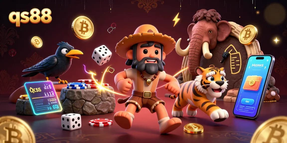 Engage with qs88 casino excitement as caveman and sabertooth tiger celebrate wins together.