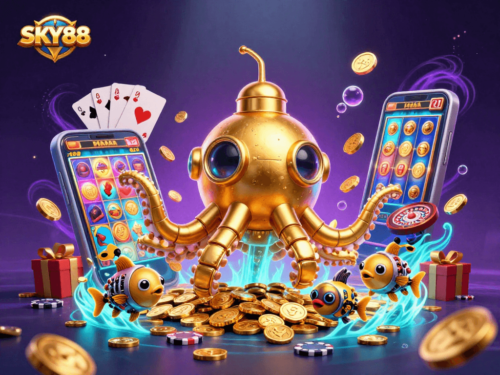 Engage with exciting slots and treasures at SKY88, featuring golden kraken and vibrant casino elements.