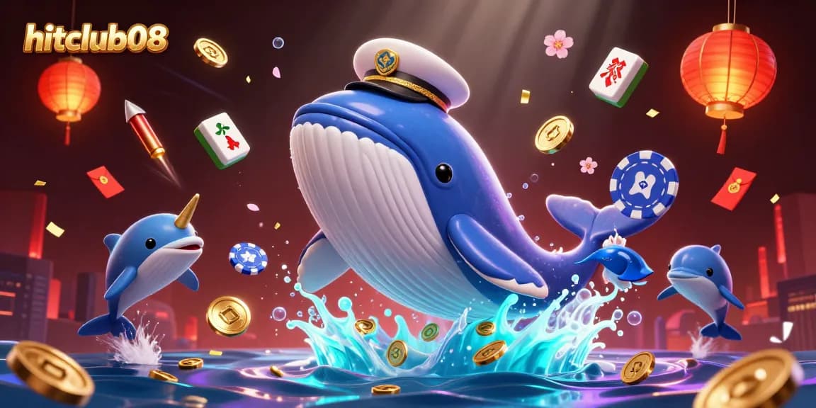 Win big at hitclub08 with thrilling 3D whales and poker chips amidst dazzling game elements.