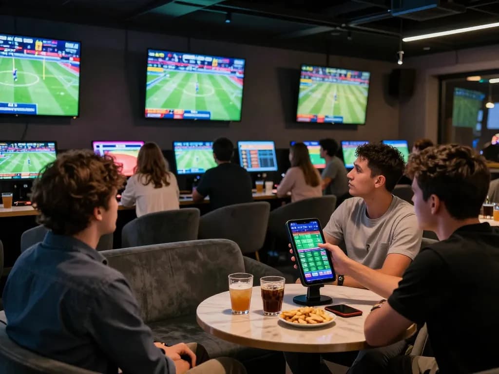 Engaged sports fans placing bets on go8.onl in a lively betting lounge atmosphere.