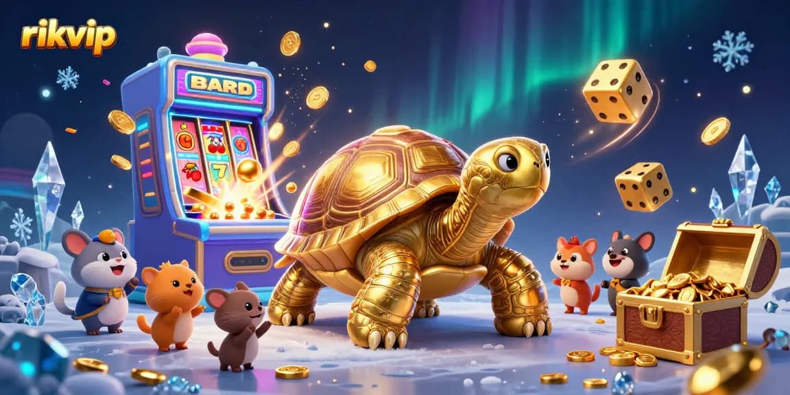 Experience the fun of rikvip with a golden tortoise pinball machine amidst a lively casino atmosphere.