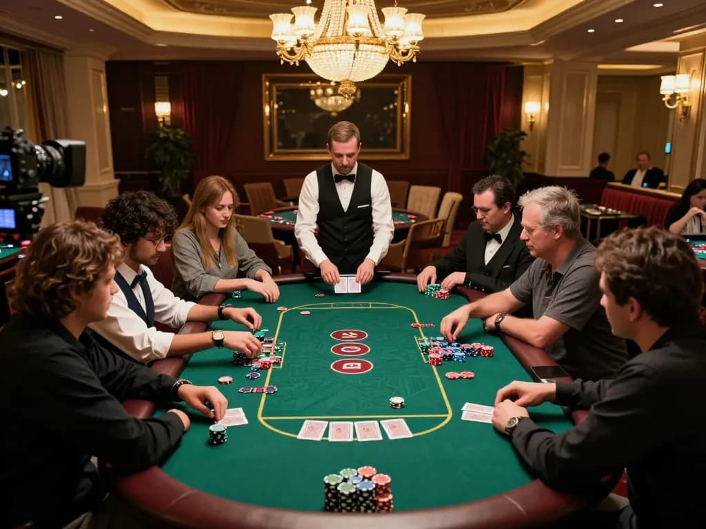 Players engage in an exciting game of Texas Hold'em at alo8 poker table, showcasing vibrant chips and dealer action.