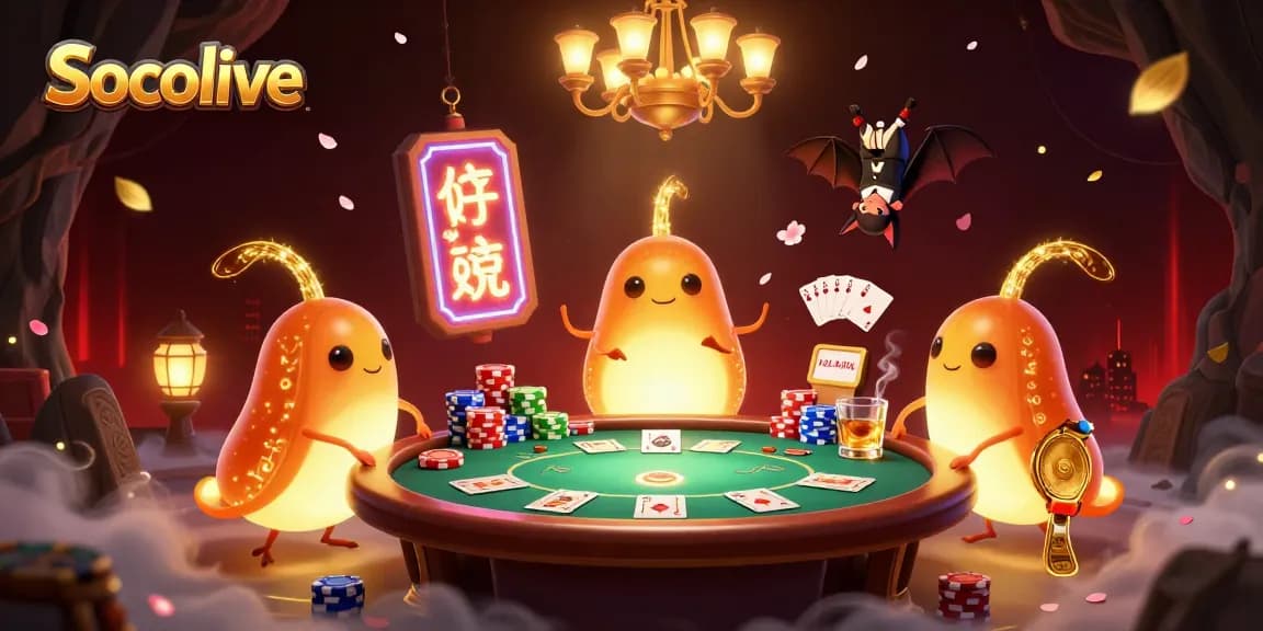 Socolive illuminates an engaging poker scene with vibrant glowworms and dynamic casino elements.
